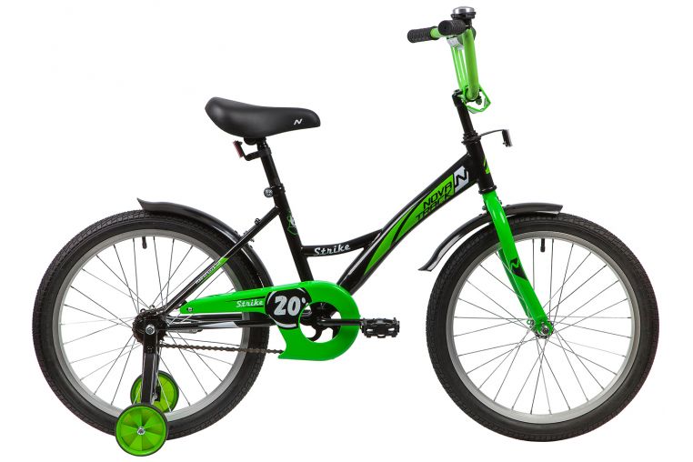 Велосипед NOVATRACK 20" STRIKE черный-зелёный, тормоз нож, крылья корот, защита А-тип