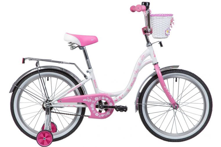 Велосипед NOVATRACK 20", BUTTERFLY, белый-розовый, тормоз ножной, крылья и багажник