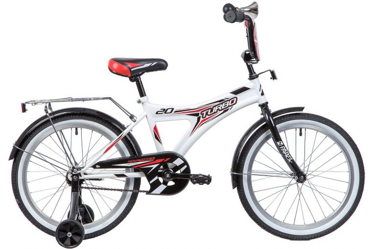 Велосипед NOVATRACK 20" TURBO, монокок, белый, тормоз ножной, крылья и багажник