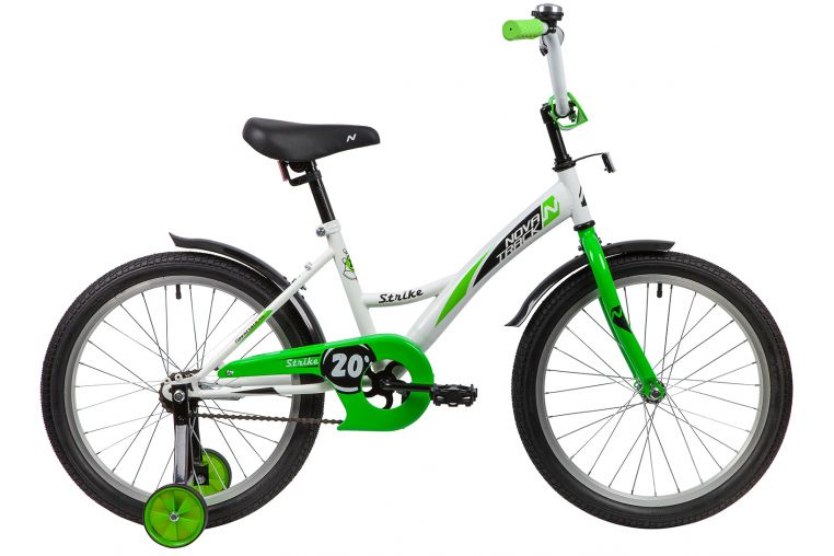 Велосипед NOVATRACK 20" STRIKE белый-зелёный, тормоз нож, крылья корот, защита А-тип