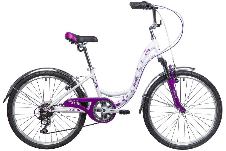 Велосипед NOVATRACK 24", BUTTERFLY, сталь.рама 13", белый-фиолетовый, 6-скор, TY21/RS35/SG-6SI, V-br