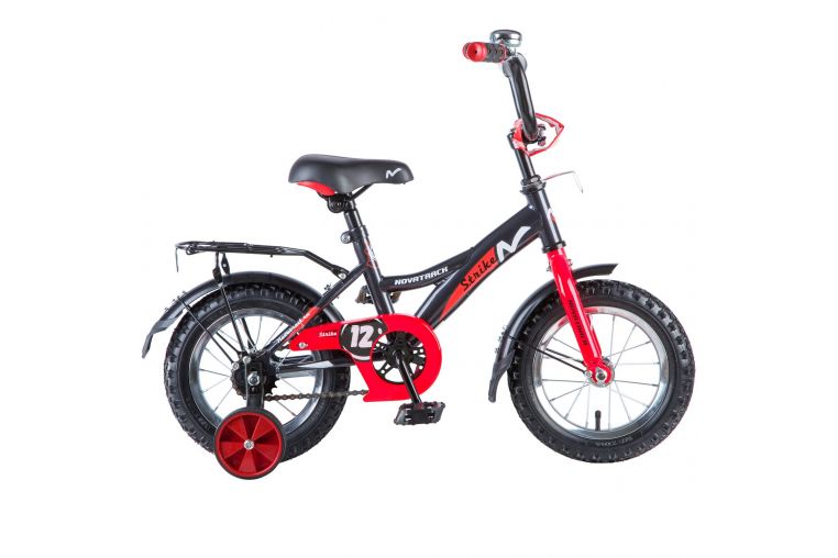 Велосипед NOVATRACK 12", STRIKE, чёрный-красный, тормоз нож., крылья и багажник чёрн., #125958