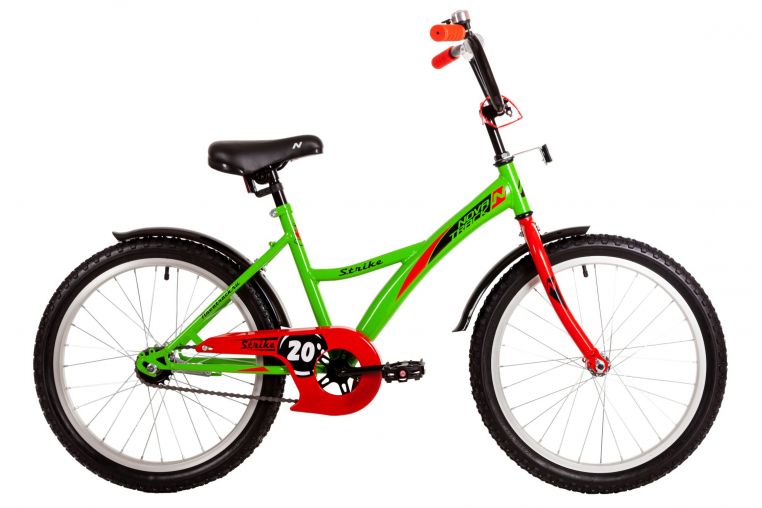 Велосипед NOVATRACK 20" STRIKE зеленый, тормоз нож, крылья корот, защита А-тип, без доп колес