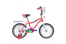 Велосипед NOVATRACK 16", CANDY, коралловый, полная защита цепи, тормоз нож., сумочка на руль, крылья