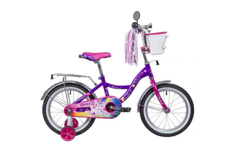 Велосипед 16", LITTLE GIRLZZ, фиолетовый, тормоз нож., пер.корзина, зеркало, крылья и багажник